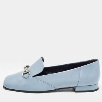 Pre Owned Gucci Light Blue Patent Leather Horsebit Loafers Size 36.5