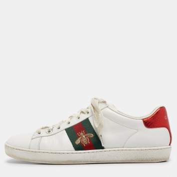 Pre Owned Gucci White Leather Web Ace Lace Up Sneakers Size 37.5