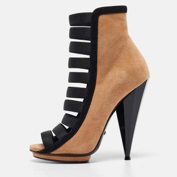 Pre Owned Gucci Brown/Black Suede and Fabric Olimpia Strappy Ankle Boots Size 35.5