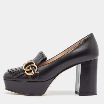 Pre Owned Gucci Black Leather GG Marmont Fringed Platform Pumps Size 36