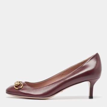 Pre Owned Gucci Burgundy Leather Jolene Horsebit Square Toe Pumps Size 38