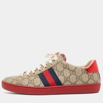 Pre Owned Gucci Beige/Brown GG Supreme Canvas Ace Sneakers Size 37