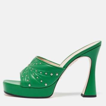 Pre Owned Gucci Green Leather Studded Platform Slide Sandals Size 41