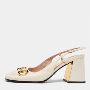 Pre Owned Gucci Off White Leather Horsebit Slingback Sandals Size 40