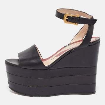 Pre Owned Gucci Black Leather Sally Wedge Platform Ankle Strap Sandals Size 35