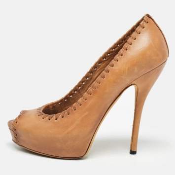 Pre Owned Gucci Brown Leather Whipstitch Detail Platform Pumps Size 36