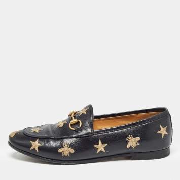 Pre Owned Gucci Black Leather Jordan Bee Embroidered Horsebit Slip On Loafers Size 36.5