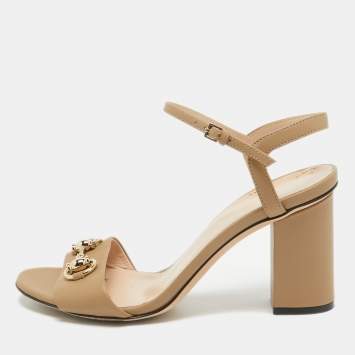 Pre Owned Gucci Brown Leather Horsebit Block Heel Sandals Size 36.5