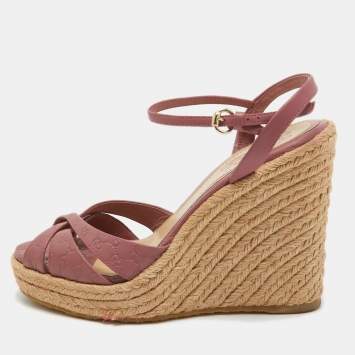 Pre Owned Gucci Pink Guccissima Leather Espadrille Wedge Platform Ankle Strap Sandals Size 36.5