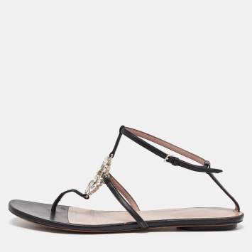 Pre Owned Gucci Black Leather Crystal Embellished GG Thong Flat Sandals Size 38.5