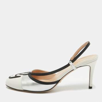 Pre Owned Gucci Silver/White Leather Slingback Pumps Size 38