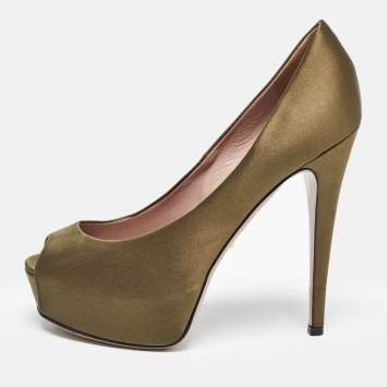 Pre Owned Gucci Olive Green Satin Peep Toe Platform Pumps Size 37