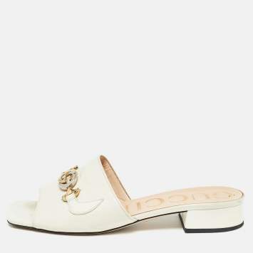 Pre Owned Gucci Cream Leather Zumi Slide Sandals Size 38