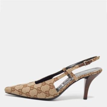 Pre Owned Gucci Beige/Brown GG Canvas Slingback Pumps Size 36.5
