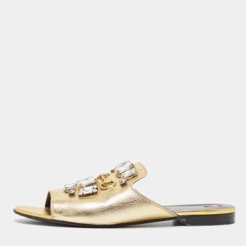Pre Owned Gucci Gold Leather Crystal Embellished Horsebit Flat Slides Size 39