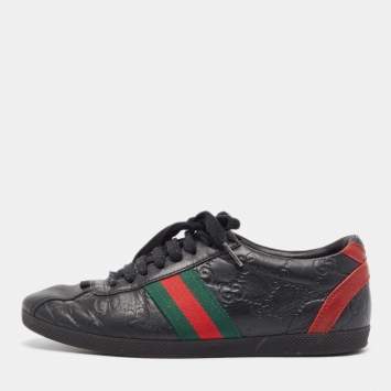 Pre Owned Gucci Black Leather Web Low Top Sneakers Size 36