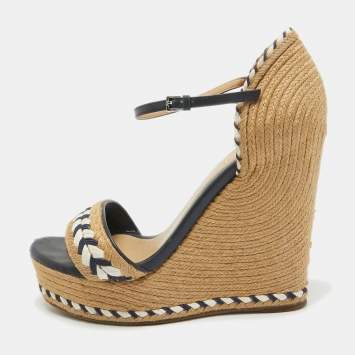 Pre Owned Gucci Beige/Blue Leather and Raffia Wedge Sandals Size 36