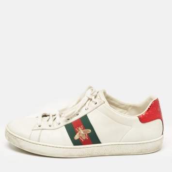 Pre Owned Gucci White Leather Bee Embroidered Ace Sneakers Size 37.5