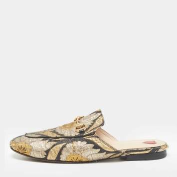 Pre Owned Gucci Black/Gold Brocade Fabric Princetown Flat Mules Size 37