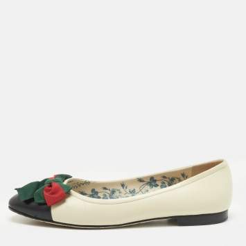 Pre Owned Gucci Off White/Black Leather Web Bow Ballet Flats Size 41