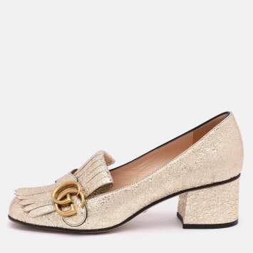 Pre Owned Gucci Gold Crinkled Leather GG Marmont Block Heel Pumps Size 36.5