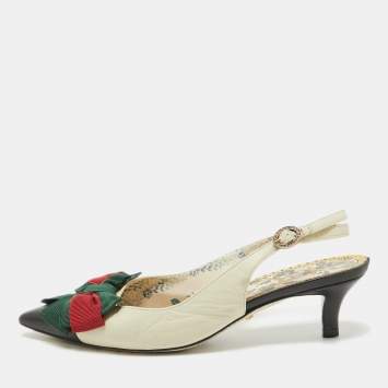 Pre Owned Gucci White/Black Leather Sylvie Web Bow Slingback Pumps Size 35