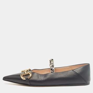 Pre Owned Gucci Black Leather Chain Ballet Flats Size 37