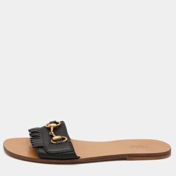 Pre Owned Gucci Black Leather Horsebit Fringe Detail Flat Slides Size 38
