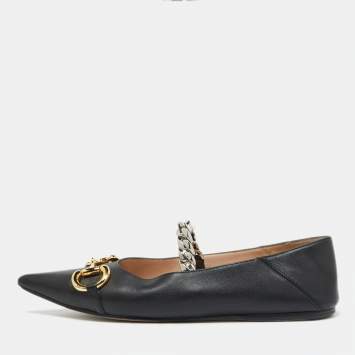 Pre Owned Gucci Black Leather Horsebit Collapsable Ballet Flats Size 38