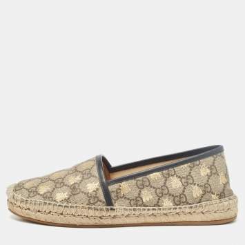 Pre Owned Gucci Beige/Brown GG Supreme Canvas Bee Espadrille Flats Size 38.5