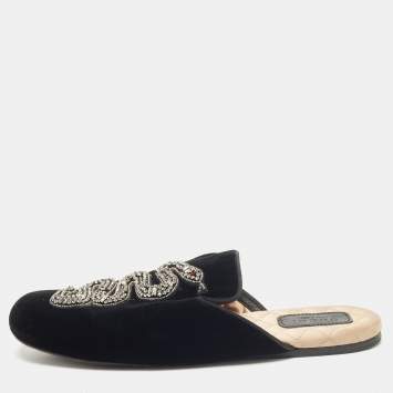 Pre Owned Gucci Black Velvet Crystal Embellished Snake Flat Mules Size 38