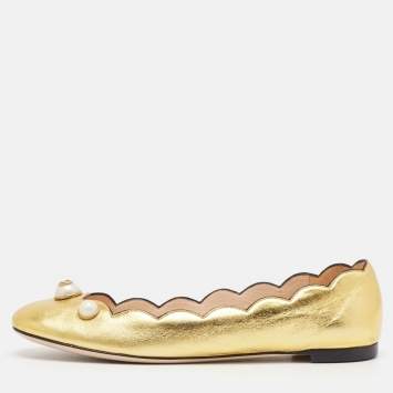 Pre Owned Gucci Gold Leather Willow Scalloped Ballet Flats Size 37
