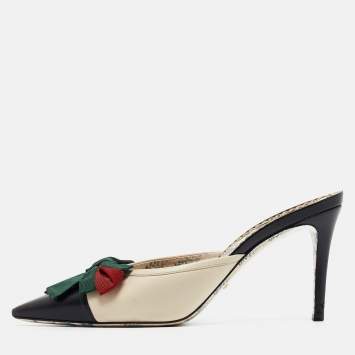 Pre Owned Gucci Black/White Leather Web Bow Pointed Toe Mules Size 39