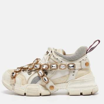 Pre Owned Gucci Cream Leather and Suede Flashtrek Lace Up Sneakers Size 37.5