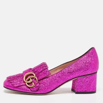 Pre Owned Gucci Pink Crinkled Leather GG Marmont Block Heel Pumps Size 37