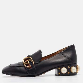 Pre Owned Gucci Black Leather GG Web Peyton Loafers Size 36