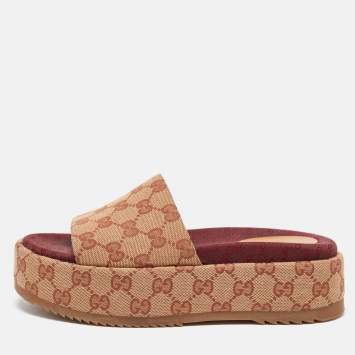 Pre Owned Gucci Beige GG Monogram Canvas Angelina Platform Slide Sandals Size 37.5
