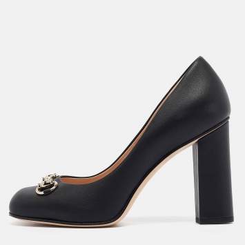 Pre Owned Gucci Black Leather Block Heel Pumps Size 37.5