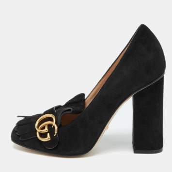 Pre Owned Gucci Black Suede GG Marmont Block Heel Pumps Size 38.5