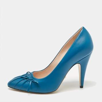 Pre Owned Gucci Blue Leather Pointed Toe Pumps Size 37.5
