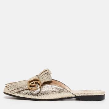 Pre Owned Gucci Gold Leather GG Marmont Mules Size 37