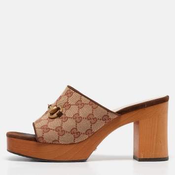 Pre Owned Gucci Beige/Brown GG Canvas Horsebit Platform Slide Sandals Size 39.5