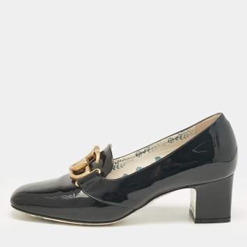 Pre Owned Gucci Black Patent Leather GG Marmont Block Heel Pumps Size 37.5