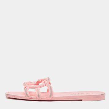 Pre Owned Gucci Pink Rubber Interlocking G Flat Slides Size 40