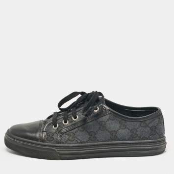 Pre Owned Gucci Black/Green Canvas Leather Lace Up Sneakers Size 37