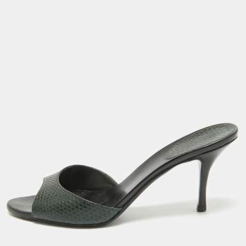 Pre Owned Gucci Dark Green Embossed Lizard Slide Sandals Size 35.5