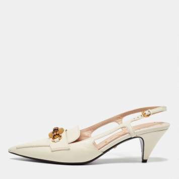 Pre Owned Gucci Off White Leather Horsebit Bamboo Slingback Mule Sandals Size 38.5