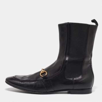 Pre Owned Gucci Black Leather and Elastic Horsebit Ankle Boots Size 41