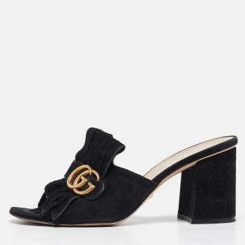 Pre Owned Gucci Black Suede GG Slide Sandals Size 40