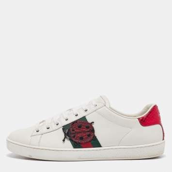 Pre Owned Gucci White Leather Pineapple and Lady Bug Applique Ace Sneakers Size 38